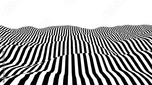 Optical illusion wave. Abstract 3d black and white illusions. Horizontal lines stripes pattern or background with wavy distortion effect. Vector illustration.