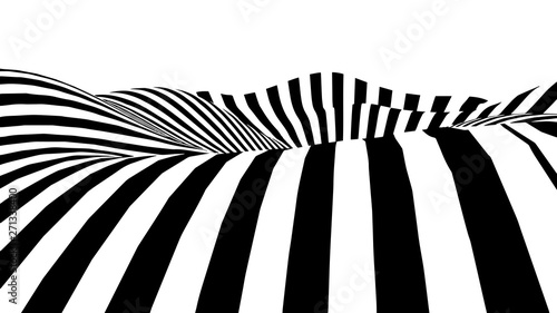 Optical illusion wave. Abstract 3d black and white illusions. Horizontal lines stripes pattern or background with wavy distortion effect. Vector illustration.