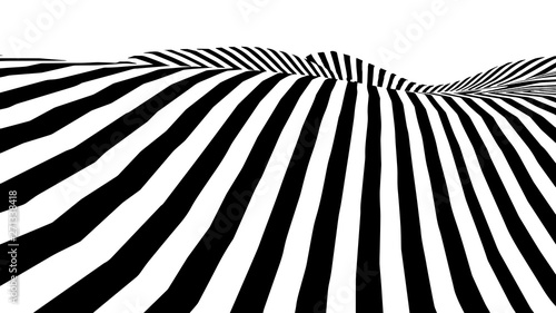 Optical illusion wave. Abstract 3d black and white illusions. Horizontal lines stripes pattern or background with wavy distortion effect. Vector illustration.