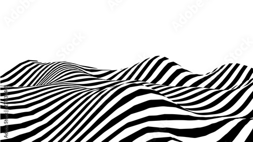 Optical illusion wave. Abstract 3d black and white illusions. Horizontal lines stripes pattern or background with wavy distortion effect. Vector illustration.