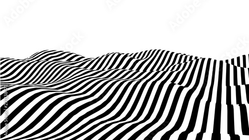 Optical illusion wave. Abstract 3d black and white illusions. Horizontal lines stripes pattern or background with wavy distortion effect. Vector illustration.