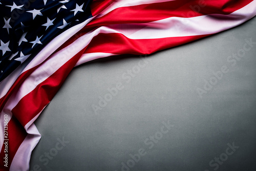 Top view of Flag of the United States of America on gray background. Independence Day USA, Memorial.