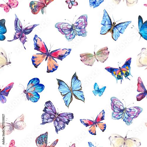 Watercolor butterflies vintage seamless pattern, Colorful nature abstract texture on white