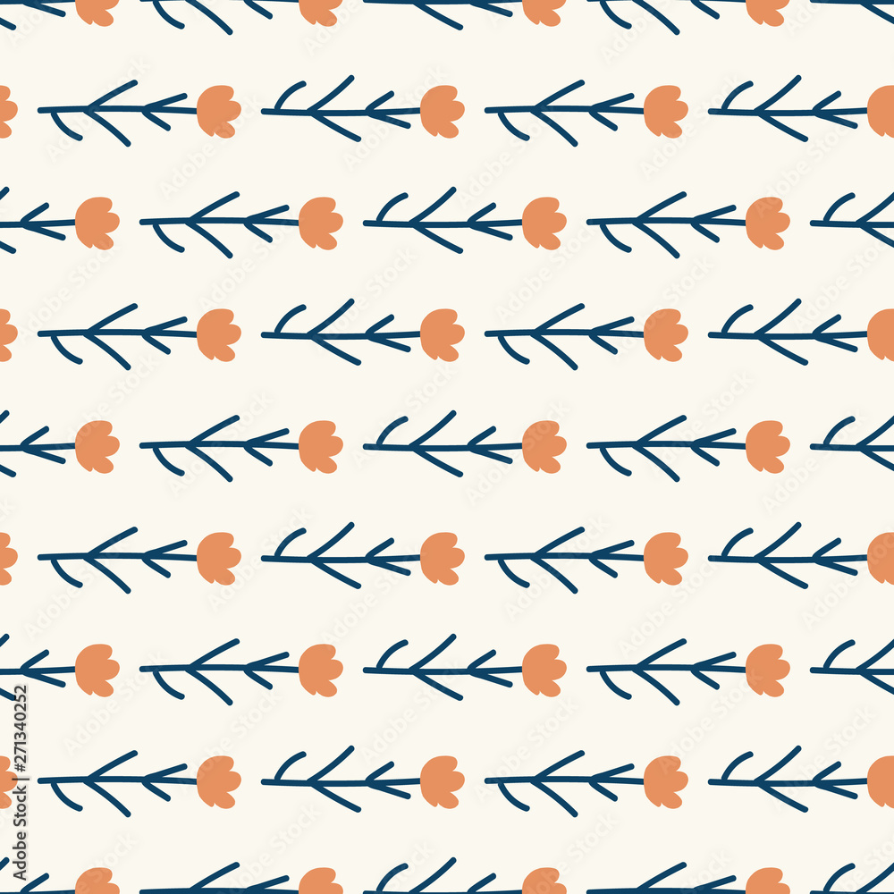 Pretty flower doodle seamless pattern with orange blossoms. Simple, quirky and cute floral, great for kids fashion, wallpaper, stationery items, textiles and home decor items. Repeat vector design.