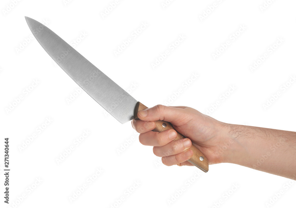 Man holding chef's knife on white background, closeup Man holding chef's knife on white background, closeup