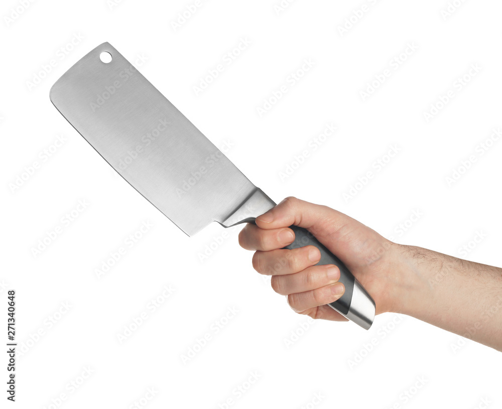Man holding cleaver knife on white background, closeup Man holding cleaver knife on white background, closeup