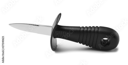 Stainless steel oyster knife with plastic handle isolated on white