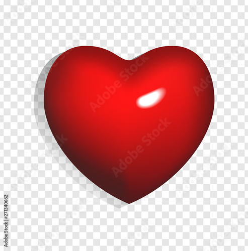 Vector illustration of bright red 3d heart isolated on transparent background. Can be used for wedding, poster, invitation, greeting card and web banner. Romantic element of love and Valentines day.