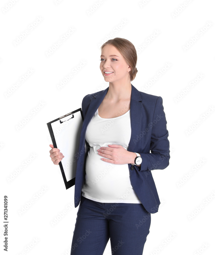 Young pregnant woman in suit with clipboard on white background. Working while expecting baby Young pregnant woman in suit with clipboard on white background. Working while expecting baby