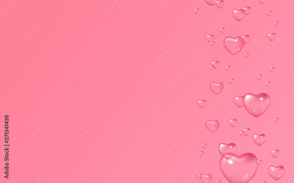 Vector pink background with bubbles in shape of hearts, Valentine's Day, Women's Day. Design for greeting card, poster and invitation of the wedding.