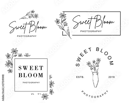 a set of feminine logos from a small flower hand drawn