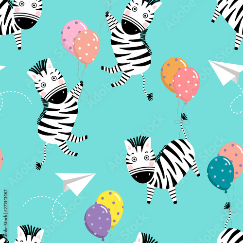 Cute zebra and balloon seamless pattern. Animal wildlife cartoon character vector.