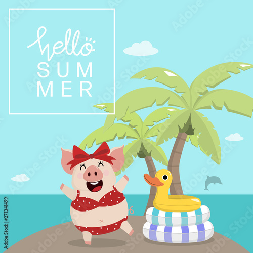 Summer with cut pig in red bikini and yellow duck swim rubber ring. Piggy and animal pool toys are swimming in the sea.