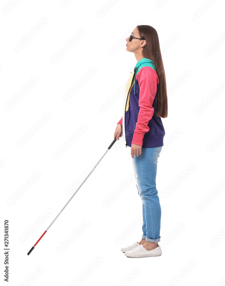 Young blind person with long cane walking on white background Young blind person with long cane walking on white background