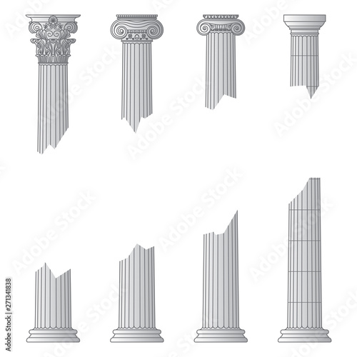 destroyed historic Greek antique columns with capitals of different orders and with place for text