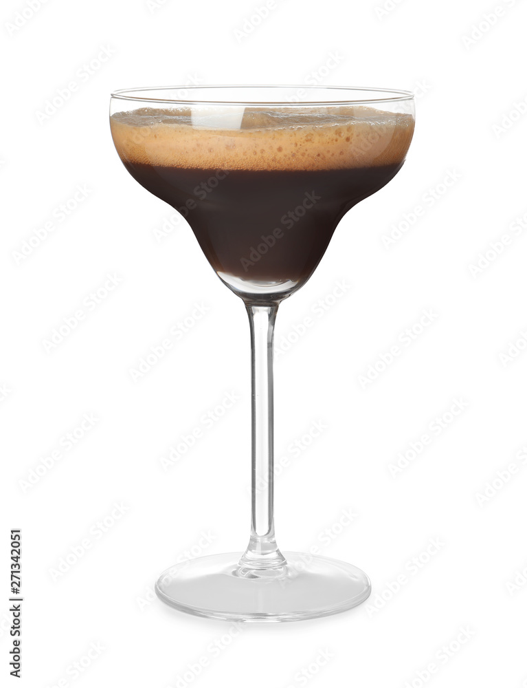 Glass of Espresso Martini on white background. Alcohol cocktail