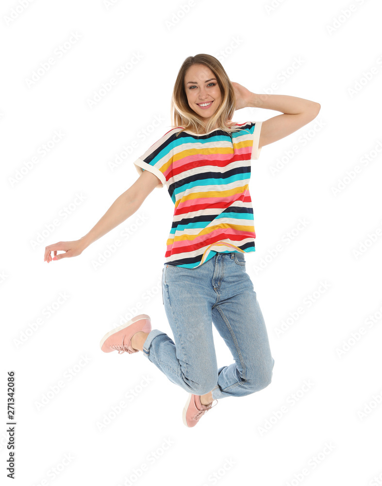 Portrait of happy jumping woman on white background Portrait of happy jumping woman on white background