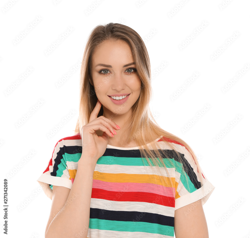 Portrait of beautiful smiling woman on white background Portrait of beautiful smiling woman on white background