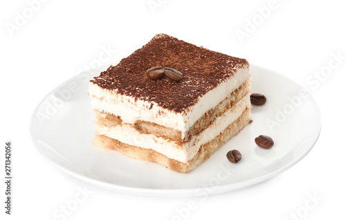 Plate of tiramisu cake isolated on white