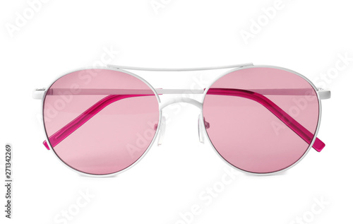 Stylish modern sunglasses on white background. Beach accessory