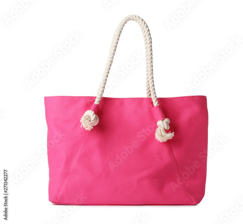 Stylish bright bag on white background. Beach accessory