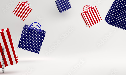Empty shopping bag color with flag of the United States of America in the studio lighting, copy space text, Design creative concept for independence day sale event. 3D rendering illustration.