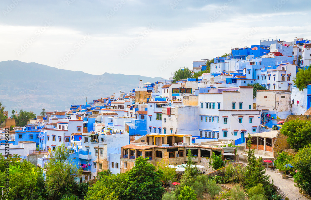 Panoramic view of blue medina of city Chefchaouen,  Morocco, Africa.