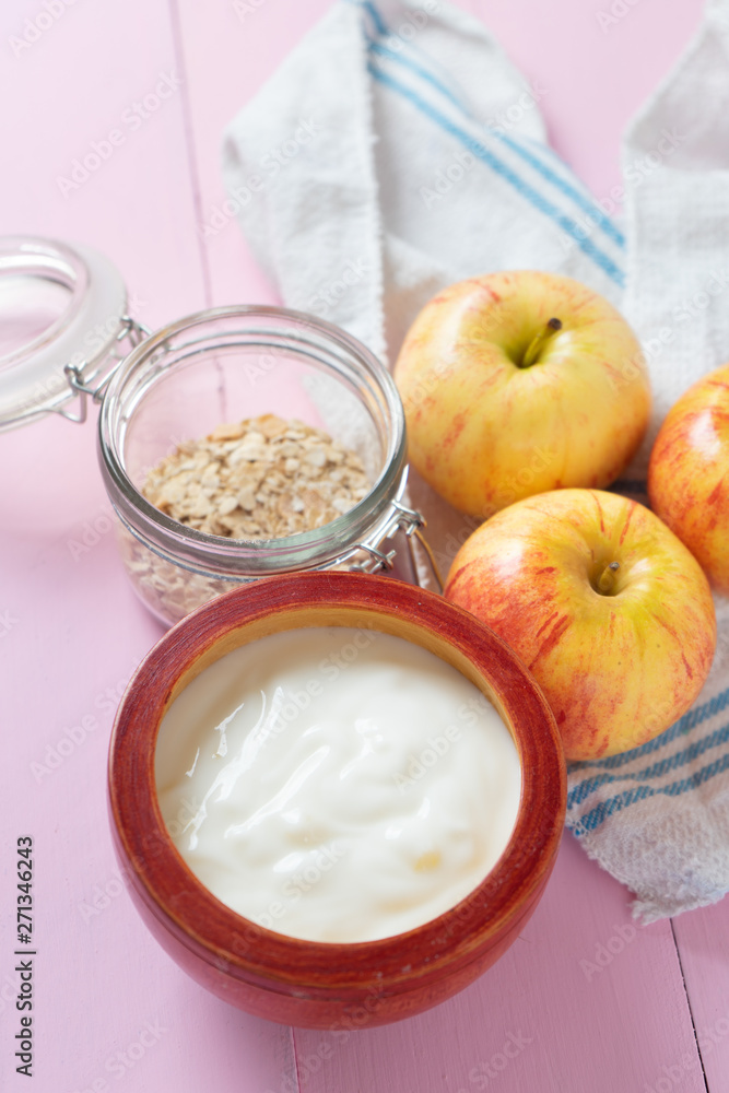 Healthy breakfast with apple yogurt and oat Healthy breakfast with apple yogurt and oat