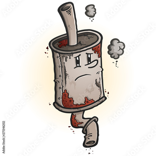 An old scrap rusted car muffler cartoon character with a melancholy face