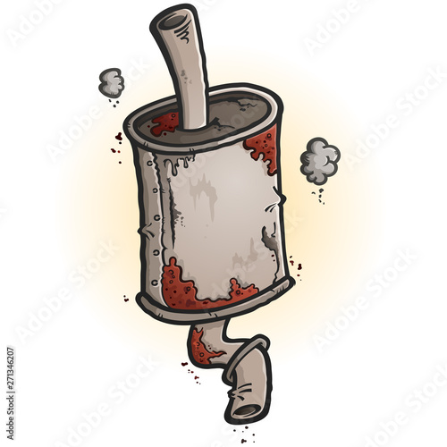 A stylized clipart drawing of an old rusted car muffler