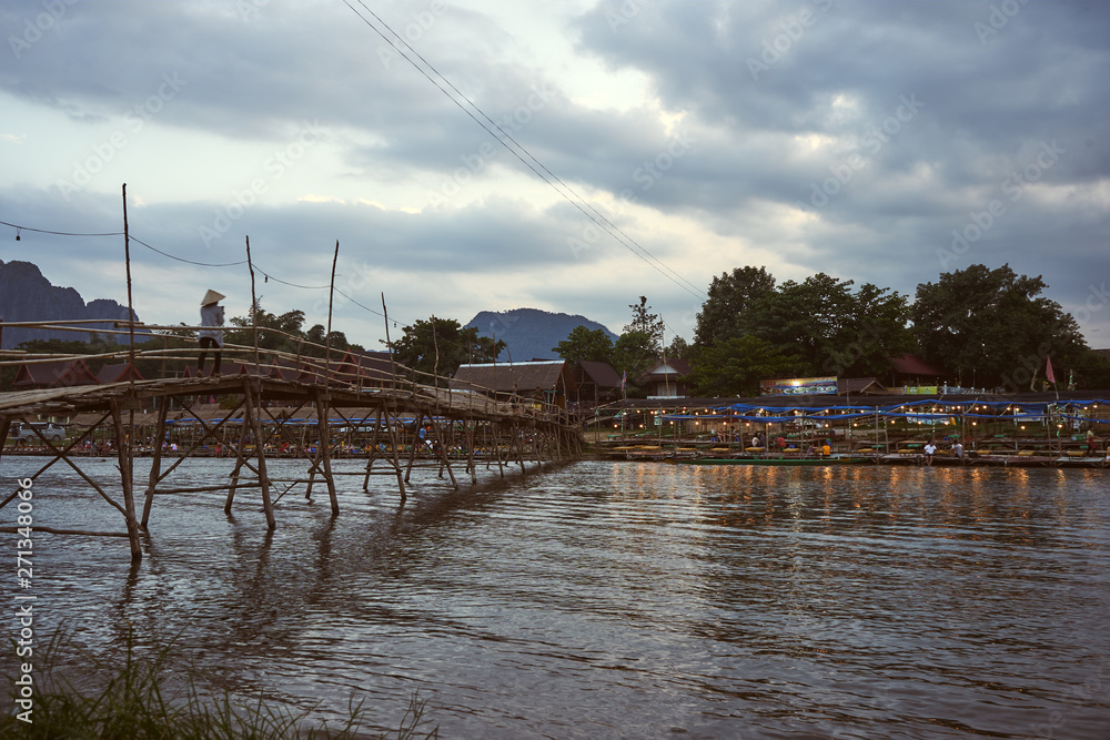 Laos, Van Vieng city landscape with river and mountains