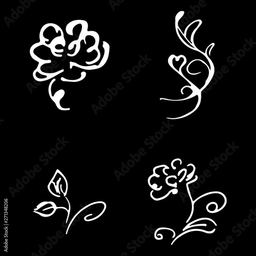 Flowers and branches hand drawn doodle collection isolated on black background. 4 floral graphic elements. Big vector set. Outline collection