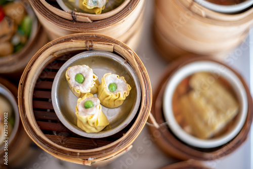 yumcha, dim sum in bamboo steamer, chinese cuisine