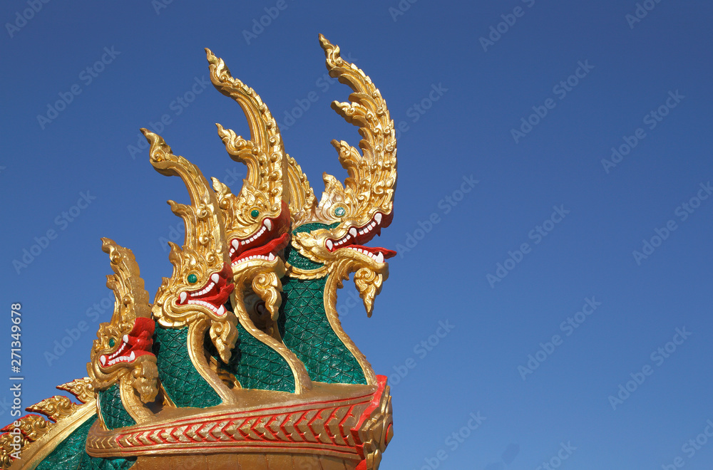 heads of Naka or Naga or serpent in buddhist temple in Thailand