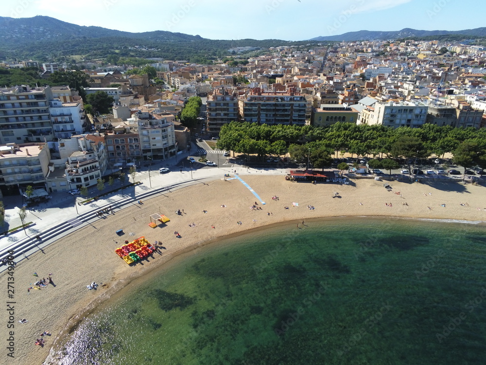 Aerial view in Sant Feliu de Guixols, coastal village of Costa Brava, Girona. Catalonia,Spain.Drone Photo