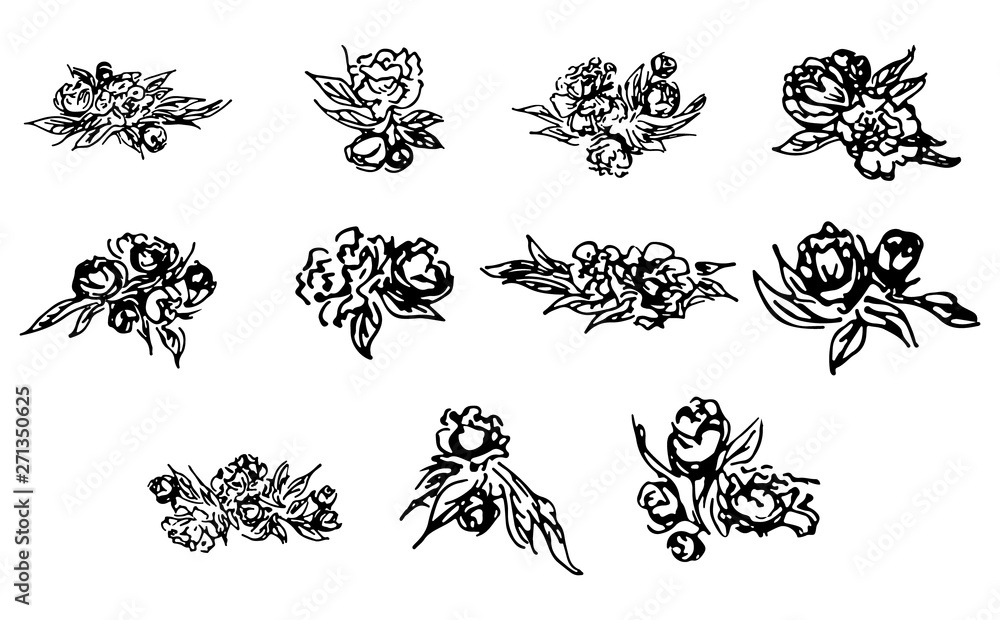 Abstract peonies and roses isolated on white background. Hand drawn floral collection. 11 floral graphic elements. Big vector set. Outline icons Abstract peonies and roses isolated on white background. Hand drawn floral collection. 11 floral graphic elements. Big vector set. Outline icons