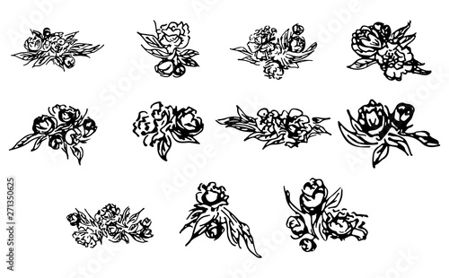 Abstract peonies and roses isolated on white background. Hand drawn floral collection. 11 floral graphic elements. Big vector set. Outline icons