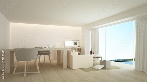 The interior minimal hotel relax space 3d rendering and nature view background