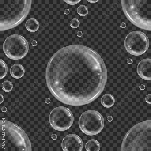 Seamless pattern with realistic floating soap bubbles on transparent background. Design element for advertising booklet, flyer or poster