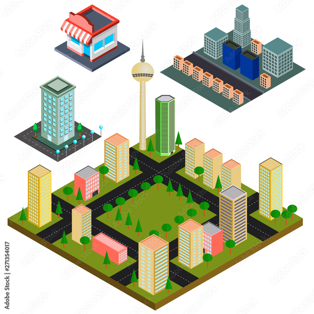 Isometric of cartoon city skyline on an isolated white background