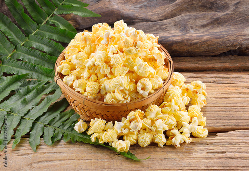 popcorn closeup on wooden background