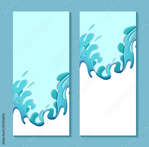 Set of vertical banner with violent sea waves cut out of paper. Card with 3d multilayer drawing of streams of water. Storm. Vector template for articles, voucher, covers and your design.