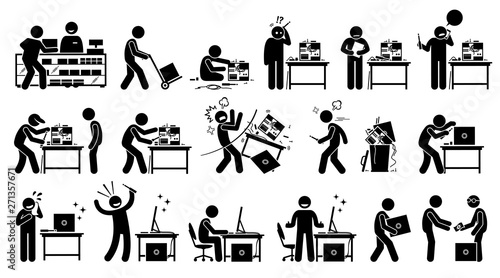 Man fixing, repairing, setup, and assembling a new PC by custom build the computer. Vector artwork depicts a computer technician upgrading and setting up a new computer with hardware parts.