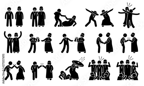 Muslim and Christian people working together and caring for each other. Vector artworks depict mutual respect between Islam and Christian religion for a harmonious, friendship, peace and united world.