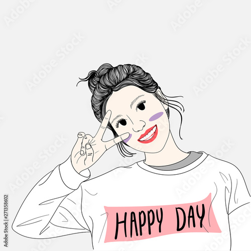 Woman is happy and waving to greet the camera.Doodle art concept,illustration painting