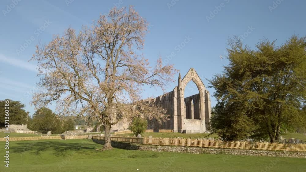 Panning Out Shot of Bolton Abbey Ruins on Beautiful Summer’s Morning in Yorkshire, England with Lone Bird flying through Frame Panning Out Shot of Bolton Abbey Ruins on Beautiful Summer’s Morning in Yorkshire, England with Lone Bird flying through Frame