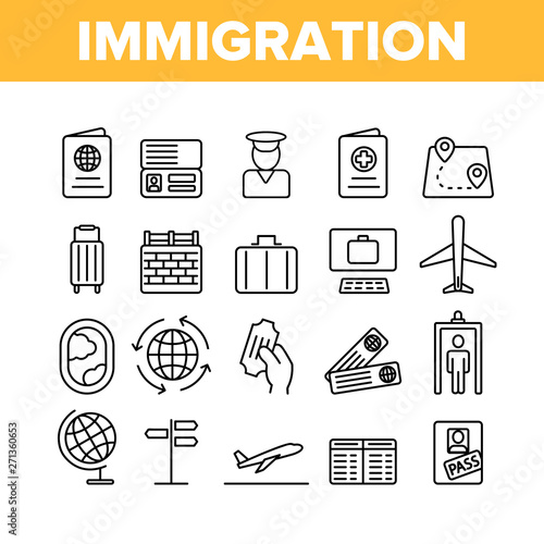 Immigration, Abroad Travel Vector Linear Icons Set. Immigration, Foreign Country Trip Outline Symbols Pack. International Airline, Travel Agency. Border Control Isolated Contour Illustrations