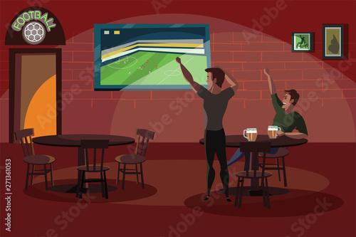 Friends watching football match in bar flat illustration