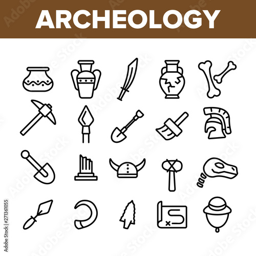 Archeological Tools And Excavations Vector Linear Icons Set. Archeology Science Outline Symbols Pack. Archeologist Equipment. Antique Greek Pottery, Historical Artifacts Isolated Contour Illustrations