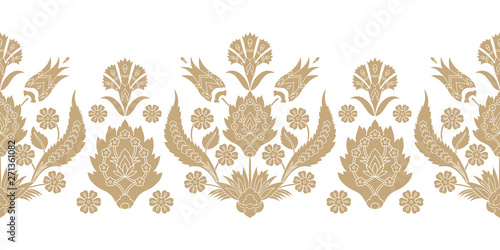Turkish arabic pattern vector seamless border. Damask texture design with flowers motifs. Islamic floral texture for wallpaper, home textile and interior decoration.